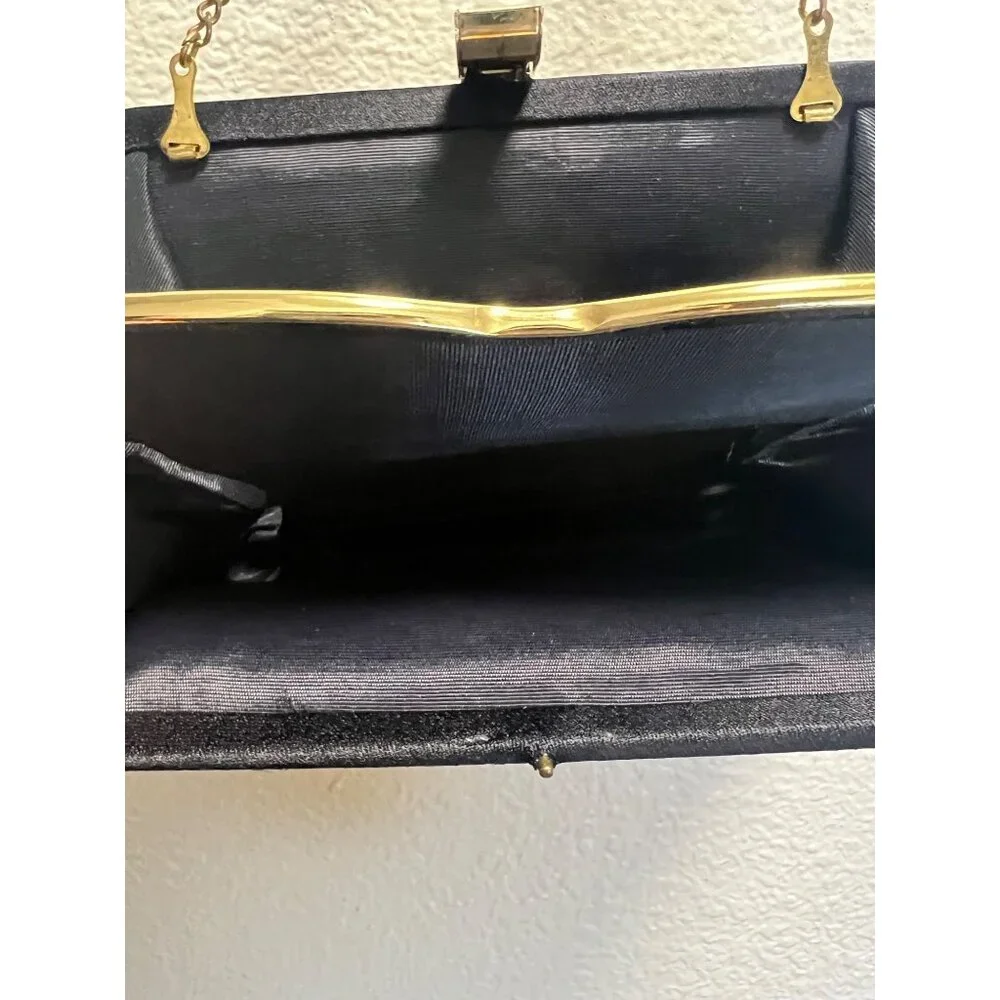 Vintage Black Satin Clutch Purse With Gold Chain Strap & Frame